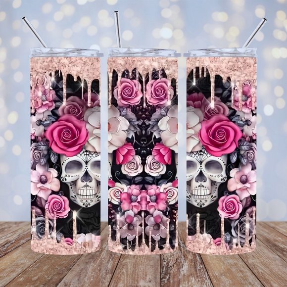 Pink gothic skulls skinny tumbler drinking cup 20 Oz. with ice topper. - Picture 4 of 5